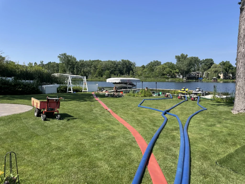 hoses create no property damage like heavy equipment. This is all we need to move tons of beach sand to the waterfront.