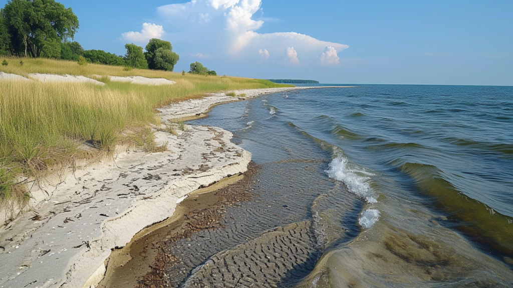 shoreline erosion of an unmaintained beach that shows the sand and beach losses.