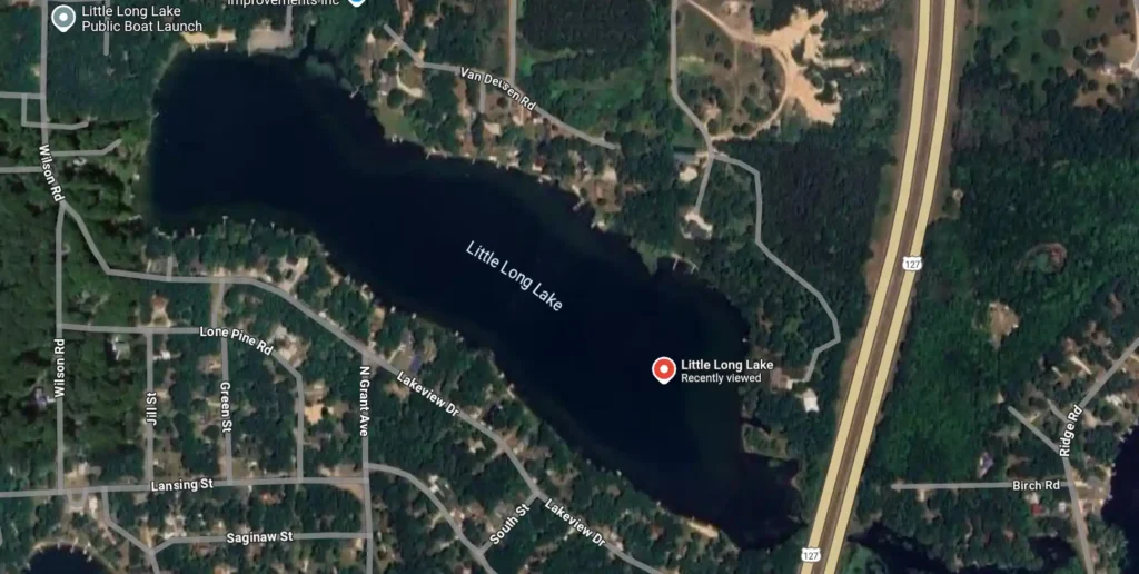 overhead map view of Little Long Lake in Evart, Michigan. This is where we did the beach project.