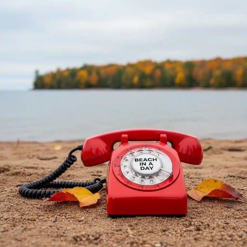 michigan beach in the fall with a red phone sitting on it.